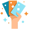 Graphic design card game with star and triangle motifs.