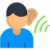 Happy person using headset with gadget and graphics.
