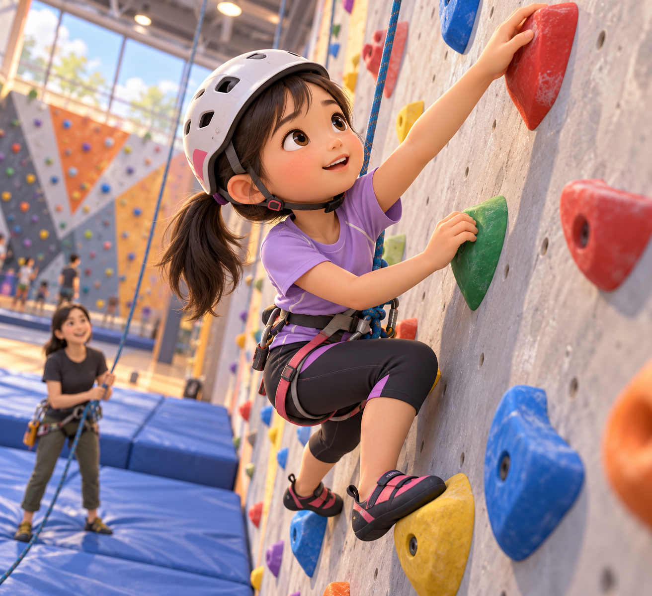 A girl wearing a helmet and safety harness learns to climb a colorful indoor rock wall with an instructor’s support, illustrated in a 3D animated style.