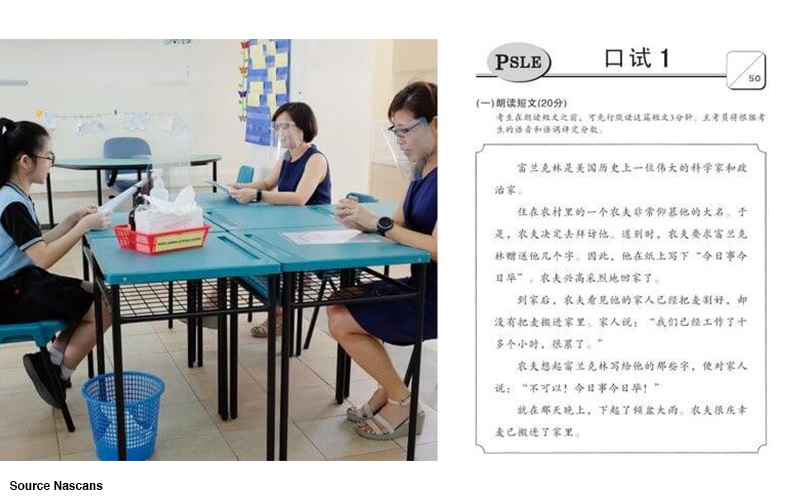 A split image showing two examiners wearing face shields interviewing a student at a desk, alongside a Chinese language practice passage for the PSLE Oral Examination.