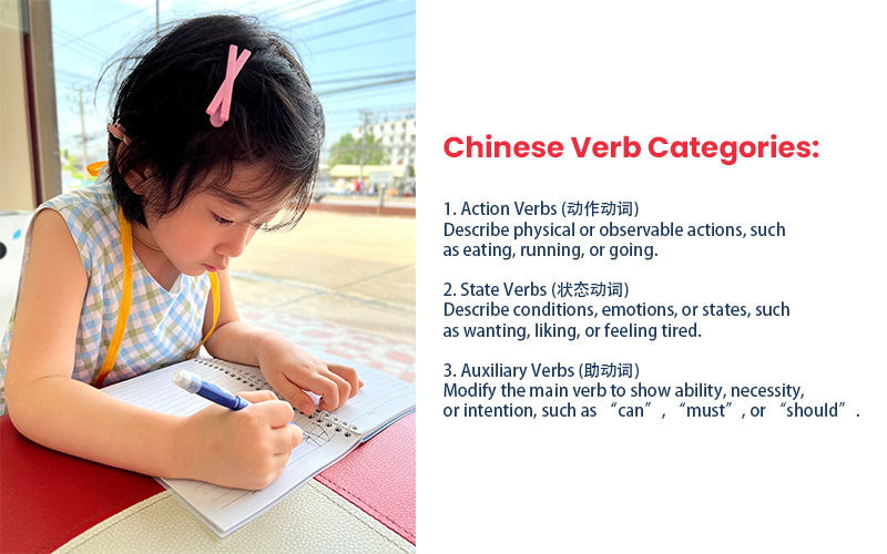 Chart lists action, state, and auxiliary Chinese verb types.