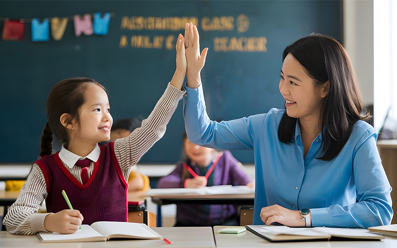 Student and teacher high-five during lesson in cheerful classroom setting.