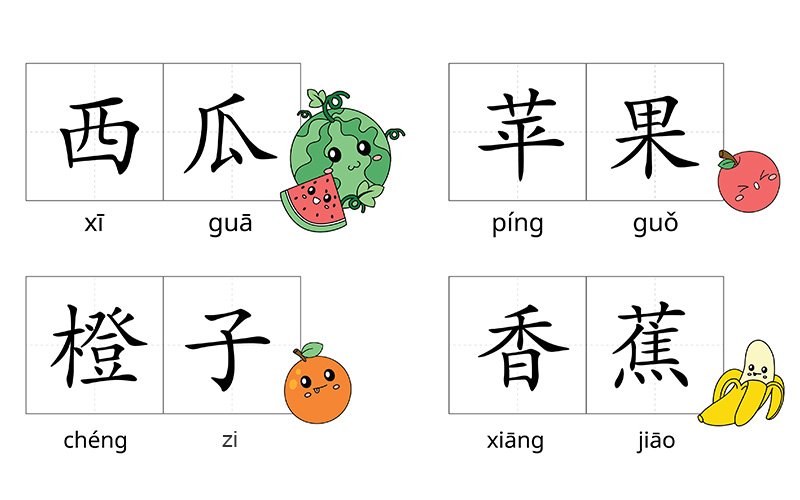 Visual vocabulary cards showing Chinese characters for fruits