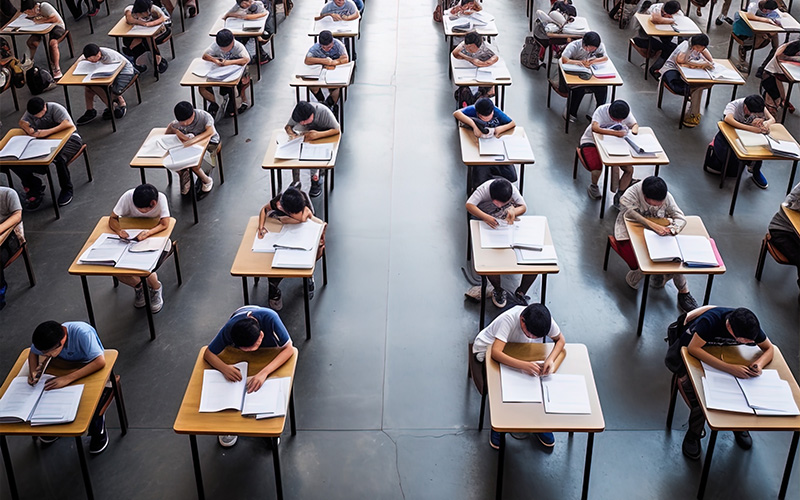 An elevated view of students focusing on an exam in a large