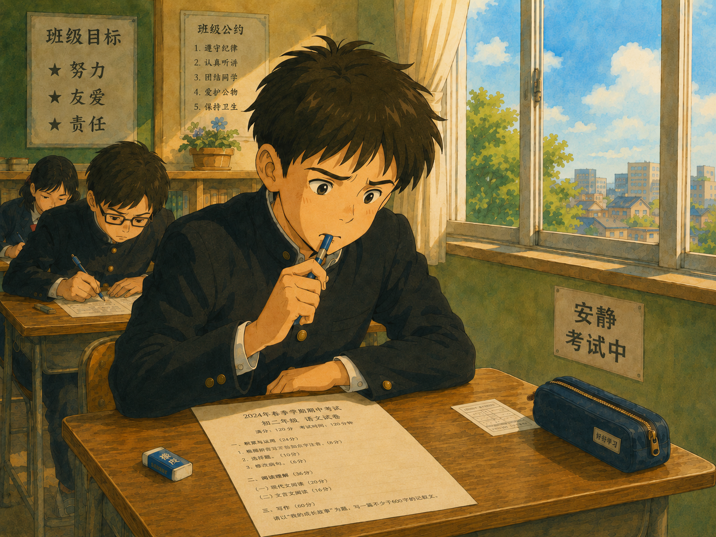 Student focused on exam paper