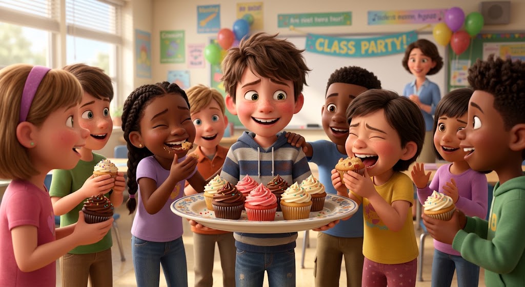 Create a picture that A selfish boy is forced to share homemade cupcakes at a class party. To his surprise, everyone loves them, and he gains friends and praise—learning that sharing makes you richer, not poorer.