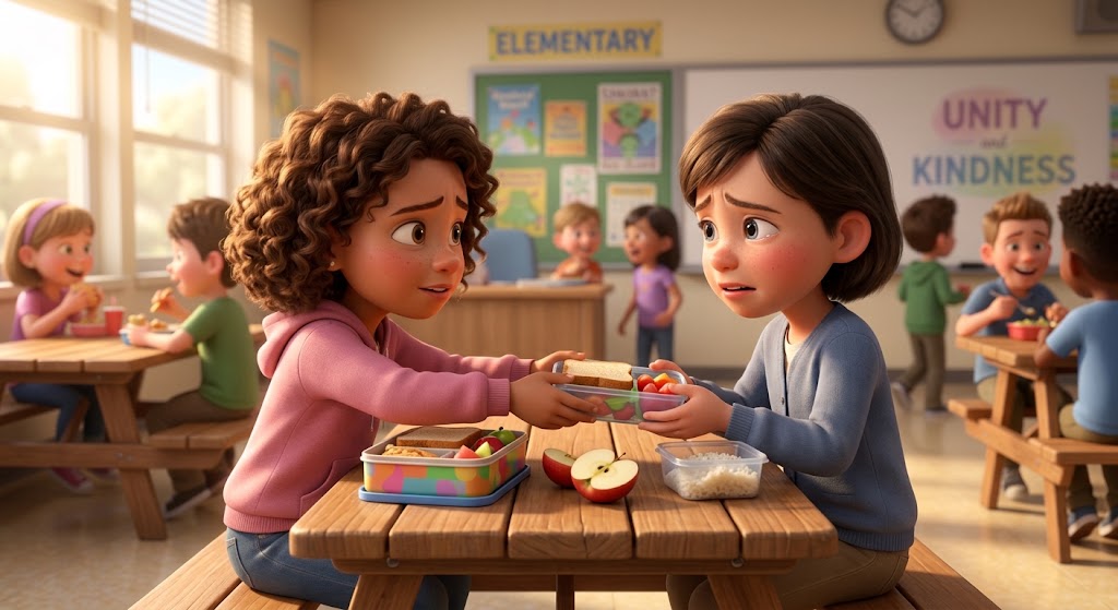 A girl overcomes her dislike for a classmate and shares her lunch. She discovers the classmate's family is struggling, and their new friendship teaches her that sharing brings true happiness.